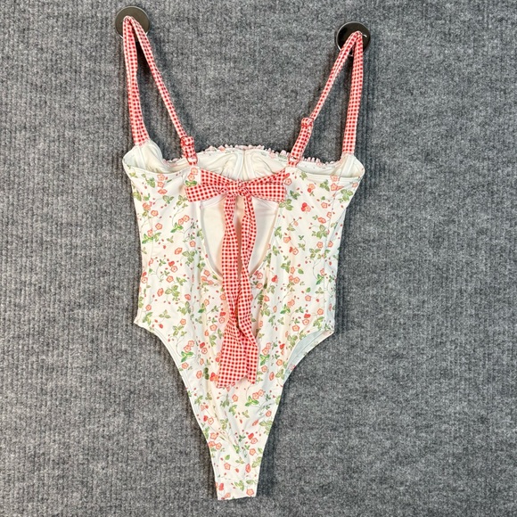 PacSun Swim One Piece Swimsuit, Women’s Size M White Red Floral Gingham Tie Back - Picture 4 of 6